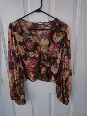 Lush Burgundy Floral V-Neck Long Sleeve Blouse with Pink and Mustard  Large